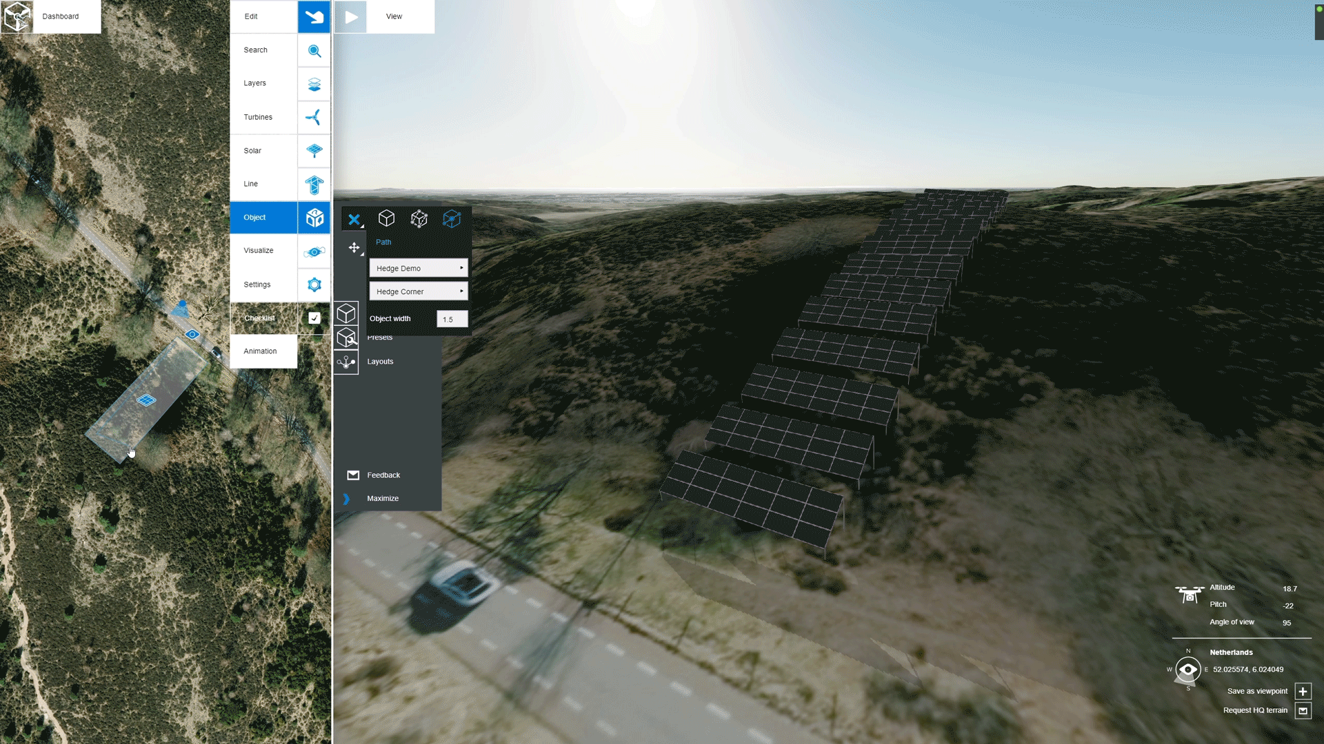 Placing a line of hedges along the outside of a solar park and then entering a panorama detailing the solar park and outlined hedges